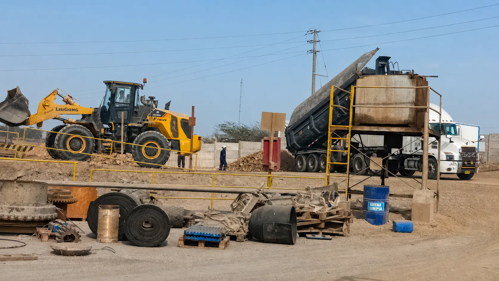 Cargador y camión durante una operación de comercialización y logística