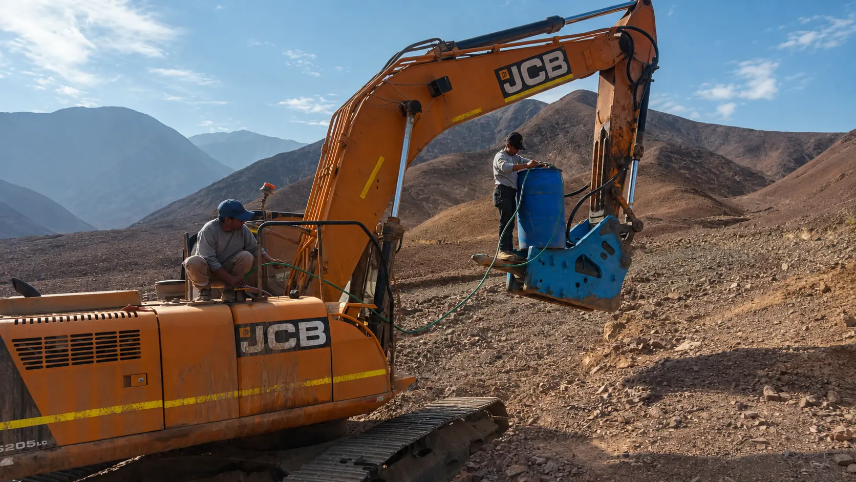 Excavadora y equipo técnico durante una actividad de soporte minero